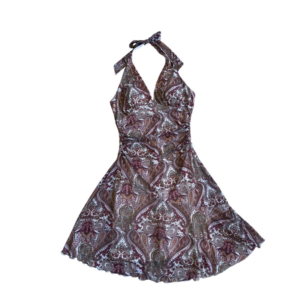 Paisley Halter Dress Sequin V Neck Midi Y2K Boho Brown Pink Embellished Festival